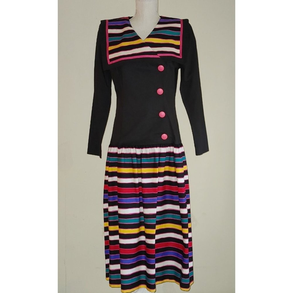 Vintage 80’s Go Vicki Dress Bold Black Pink 9 Shoulder Pads Drop Waist Made USA